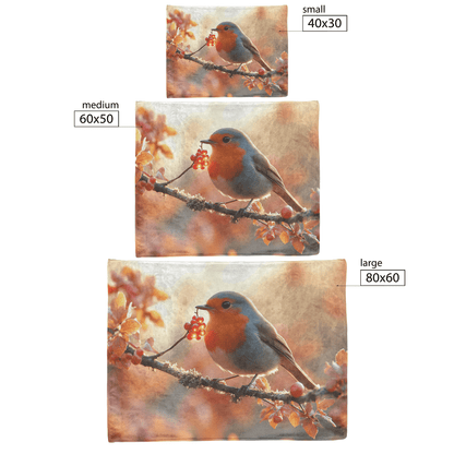 Robin Holding Glowing Berry Perched on Mossy Branch Surrounded by Shimmering Autumn Leaves Under Soft Light Fleece Sherpa Blanket - Awakening Righteousness