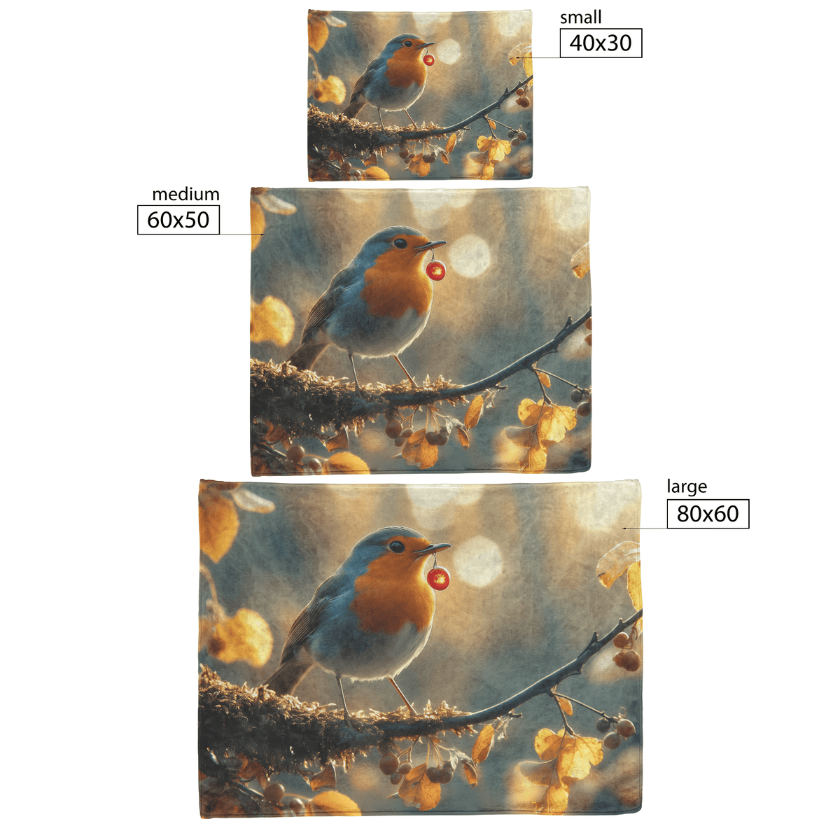 Robin Holding Glowing Berry Perched on Mossy Branch Surrounded by Shimmering Autumn Leaves Under Soft Light Fleece Sherpa Blanket - Awakening Righteousness