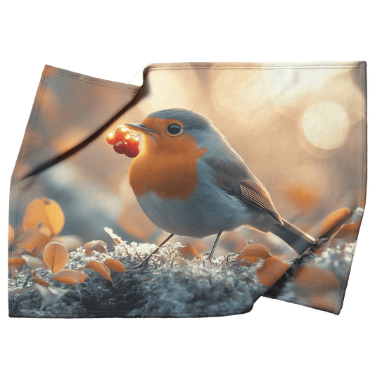 Robin Holding Glowing Berry Perched on Mossy Branch Surrounded by Shimmering Autumn Leaves Under Soft Light Fleece Sherpa Blanket - Awakening Righteousness