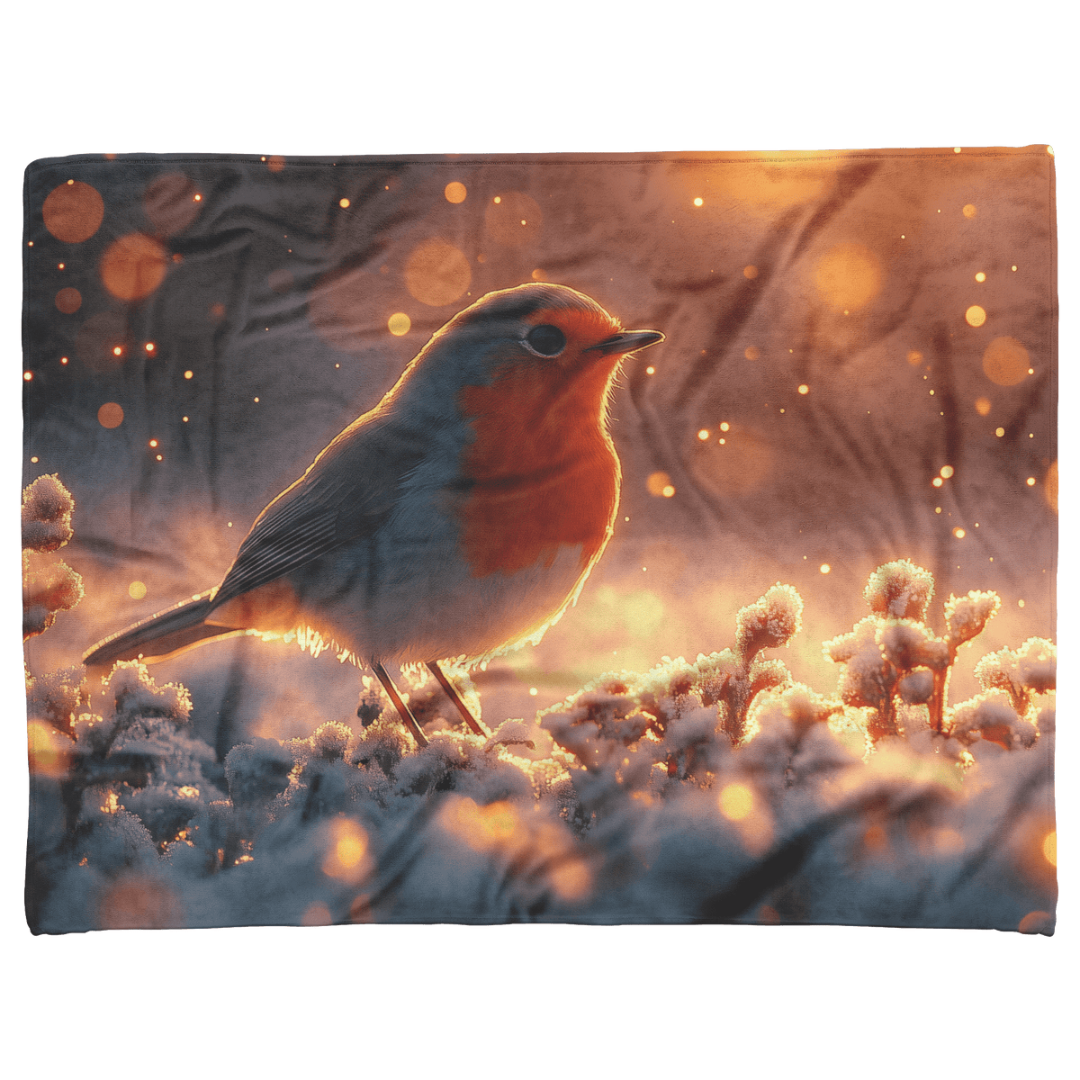 Robin Hopping Through Glowing Snowy Meadow Surrounded by Frost Covered Plants Under Star Filled Night Sky Fleece Sherpa Blanket - Awakening Righteousness