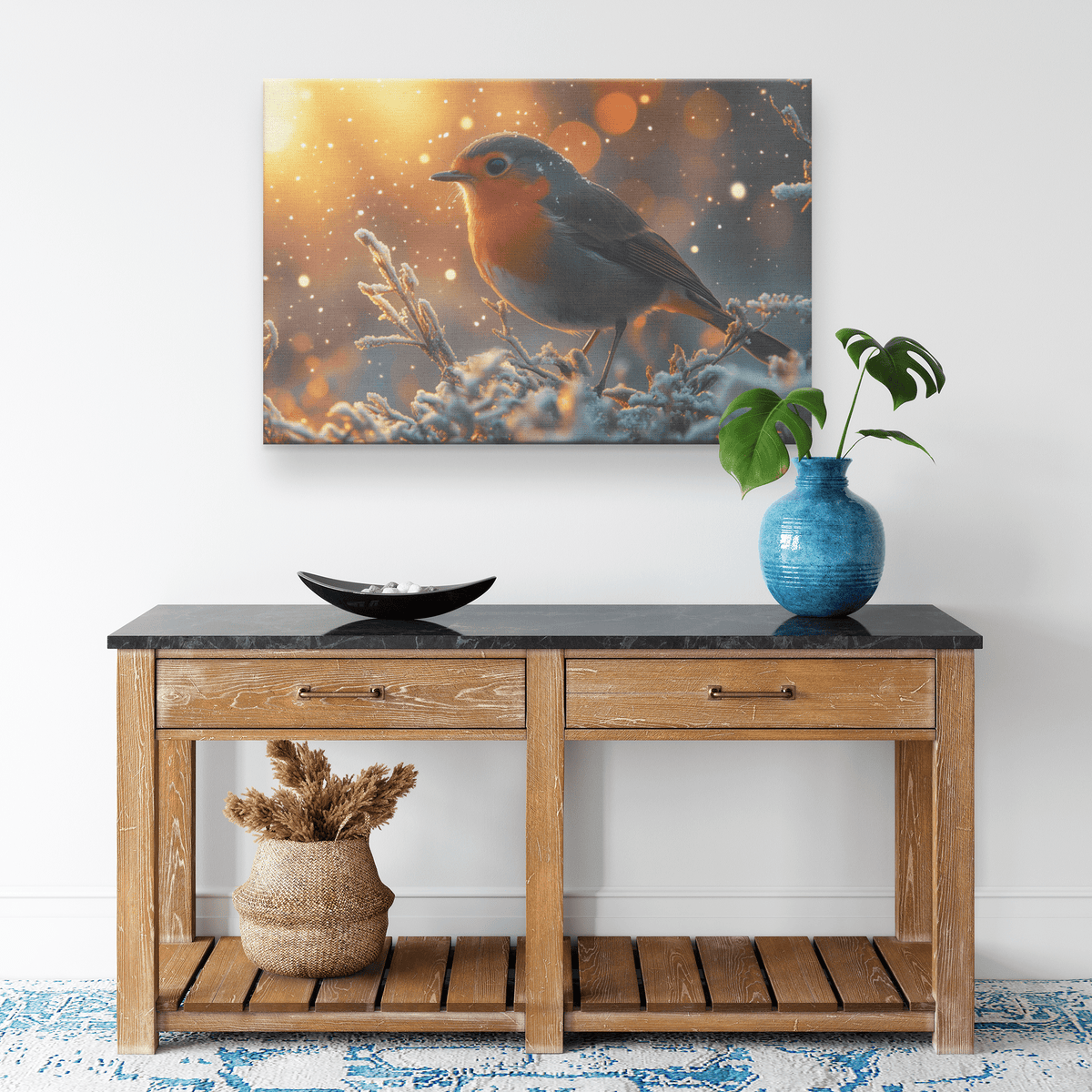 Robin Hopping Through Glowing Snowy Meadow With Frost Covered Plants Under Star Filled Night Sky Canvas Wall Art Decor - Awakening Righteousness