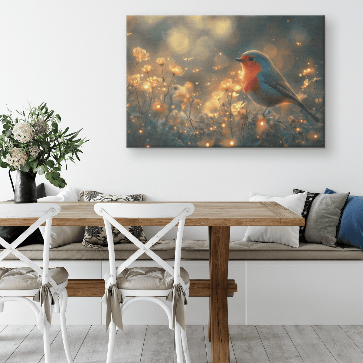 Robin In Glowing Forest Meadow With Bioluminescent Flowers And Fireflies Under Twilight Skies Canvas Wall Art Decor - Awakening Righteousness
