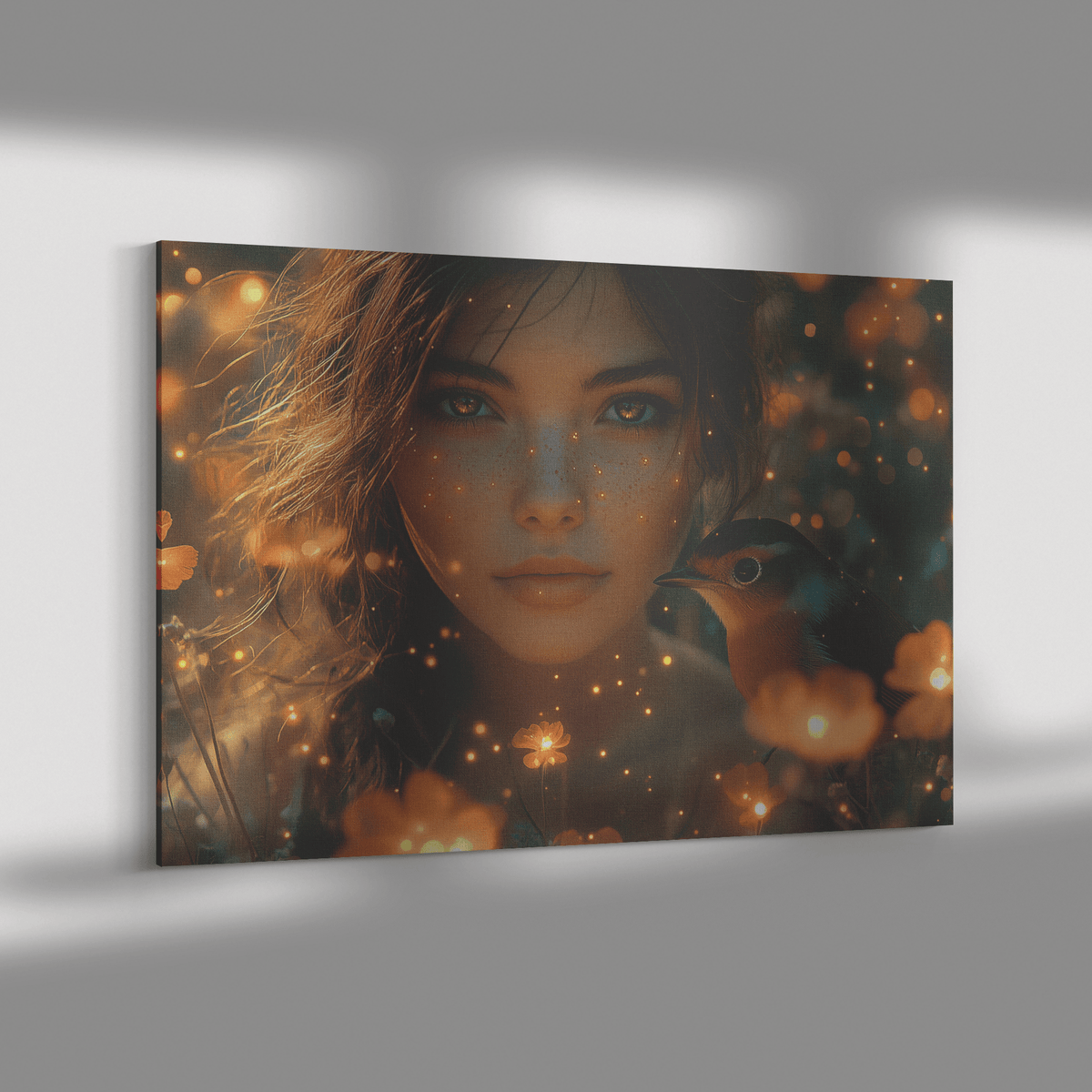 Robin In Glowing Forest Meadow With Girl Bioluminescent Flowers And Fireflies Under Twilight Skies Canvas Wall Art Decor - Awakening Righteousness