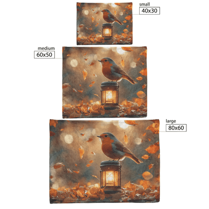 Robin Perched on Glowing Lantern Surrounded by Falling Autumn Leaves in Magical Woodland Clearing Fleece Sherpa Blanket - Awakening Righteousness