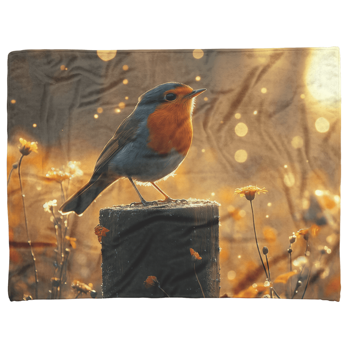 Robin Singing on Glowing Fence Post Surrounded by Golden Morning Mist and Vibrant Wildflowers Fleece Sherpa Blanket - Awakening Righteousness