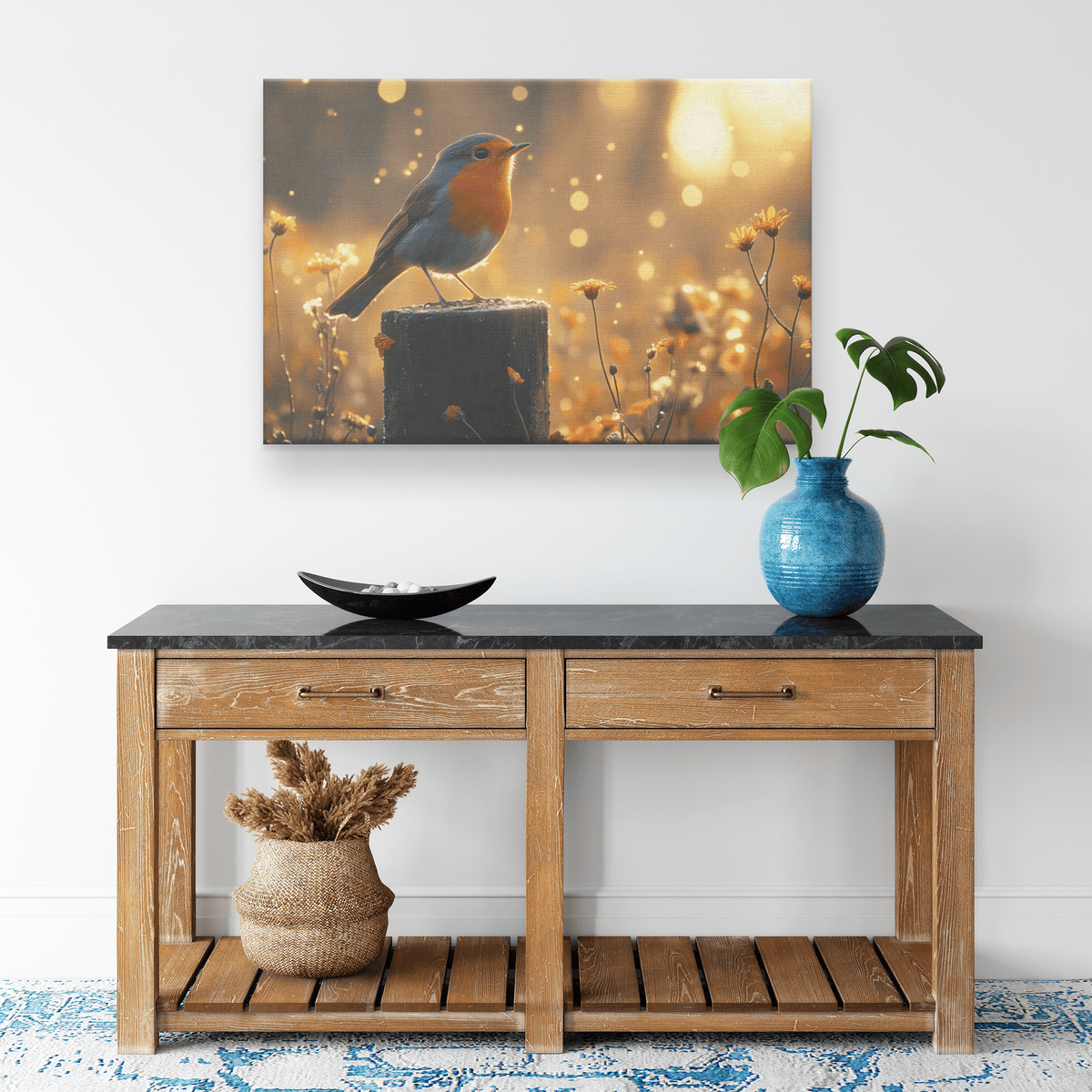 Robin Singing On Glowing Fence Post With Golden Morning Mist And Vibrant Wildflowers Canvas Wall Art Decor - Awakening Righteousness