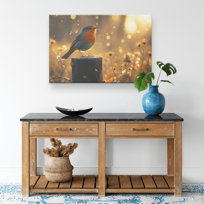 Robin Singing On Glowing Fence Post With Golden Morning Mist And Vibrant Wildflowers Canvas Wall Art Decor - Awakening Righteousness