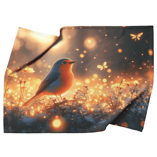 Robin Sitting in Glowing Forest Meadow Surrounded by Bioluminescent Flowers and Golden Fireflies Under Twilight Skies Fleece Sherpa Blanket - Awakening Righteousness