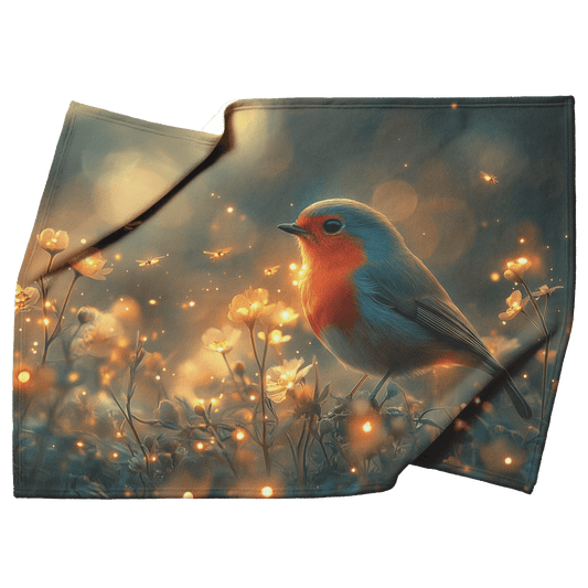 Robin Sitting in Glowing Forest Meadow Surrounded by Bioluminescent Flowers and Golden Fireflies Under Twilight Skies Fleece Sherpa Blanket - Awakening Righteousness