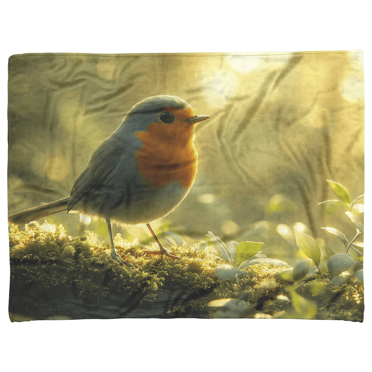 Robin Sitting on Mossy Glowing Log Surrounded by Green Plants and Morning Mist Under Golden Sunlight Fleece Sherpa Blanket - Awakening Righteousness