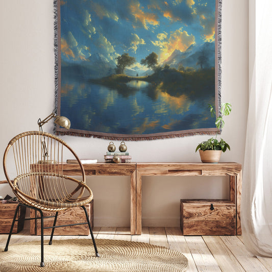 Romantic Scenic Woven Throw Blanket with Mountain Reflection and Sunset Sky for Tranquil Cozy Spaces - Awakening Righteousness