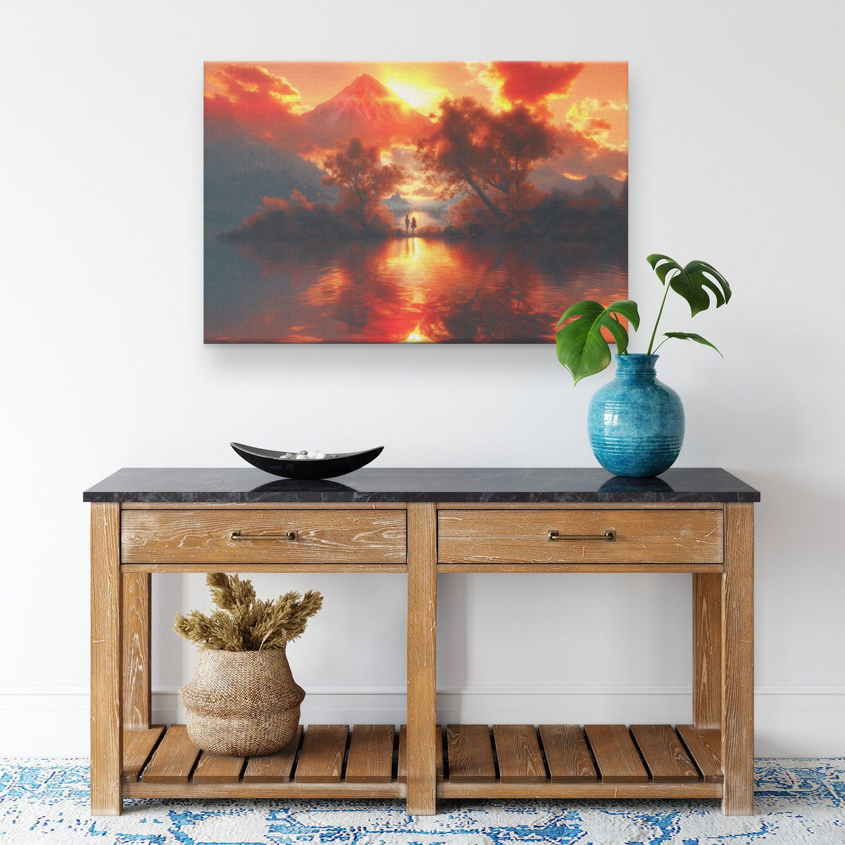 Romantic Sunset by Mountain Lake with Fiery Reflection Canvas Wall Art Decor - Awakening Righteousness