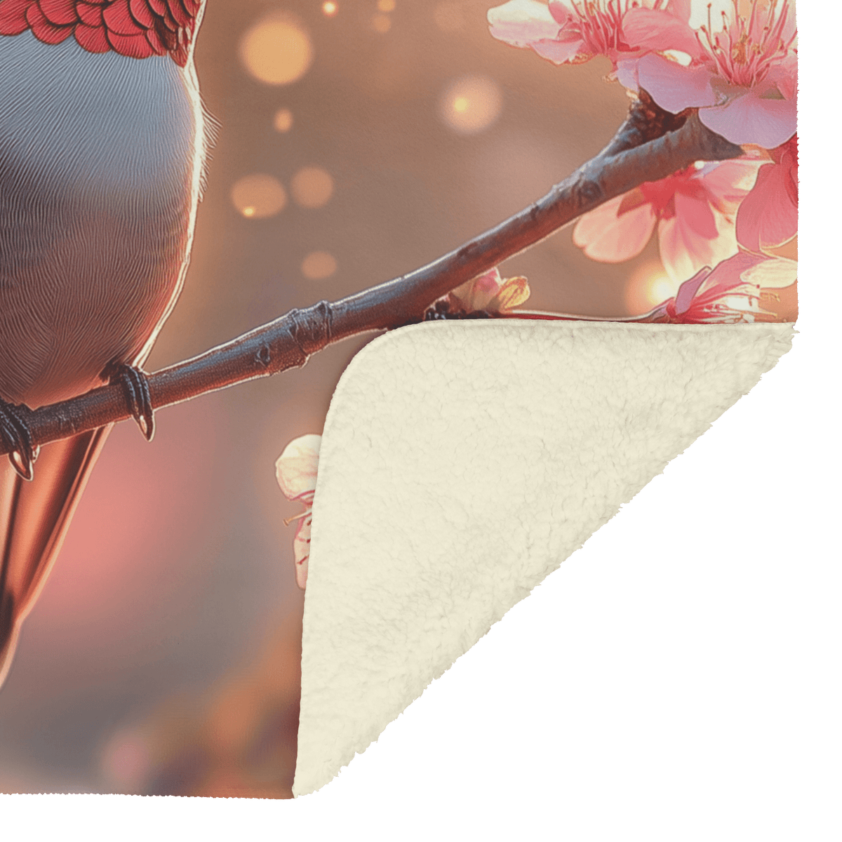 Ruby Throated Hummingbird Perched on Glowing Branch Surrounded by Pink Cherry Blossoms Under Golden Sunlight Fleece Sherpa Blanket - Awakening Righteousness