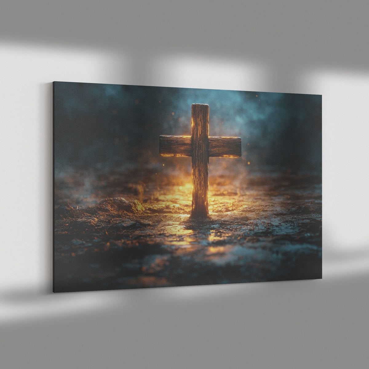 Rustic Wooden Cross in Glow Christian Canvas Wall Art Symbolizing Faith Hope and Light for Home or Prayer Room Decor - Awakening Righteousness