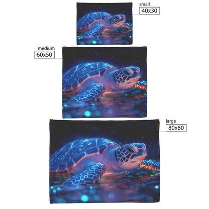 Sea Turtle Swimming Gracefully in Bioluminescent Ocean Under Twilight Sky with Glowing Green and Blue Shell Fleece Sherpa Blanket - Awakening Righteousness