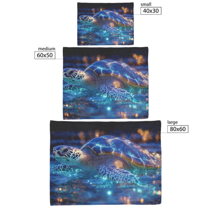 Sea Turtle Swimming Gracefully in Bioluminescent Ocean Under Twilight Sky with Glowing Green and Blue Shell Fleece Sherpa Blanket - Awakening Righteousness