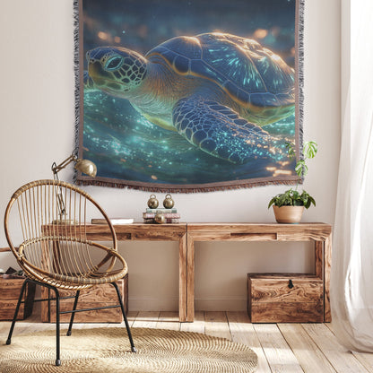 Sea Turtle Swimming Through Glowing Bioluminescent Ocean Woven Throw Blanket with Twilight Sky and Illuminated Shell - Awakening Righteousness