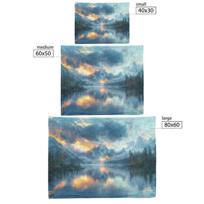 Serene Mountain Lake Surrounded by Snowy Peaks Misty Clouds and Radiant Golden Light Fleece Sherpa Blanket - Awakening Righteousness