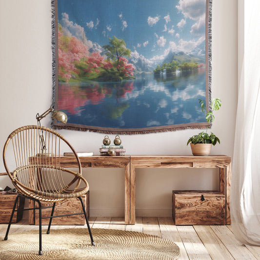Serene Mountain Lake with Blooming Trees Woven Throw Blanket - Awakening Righteousness