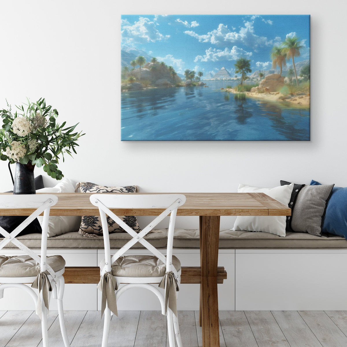 Serene Oasis with Pyramid View and Crystal Blue Water Canvas Wall Art Decor - Awakening Righteousness