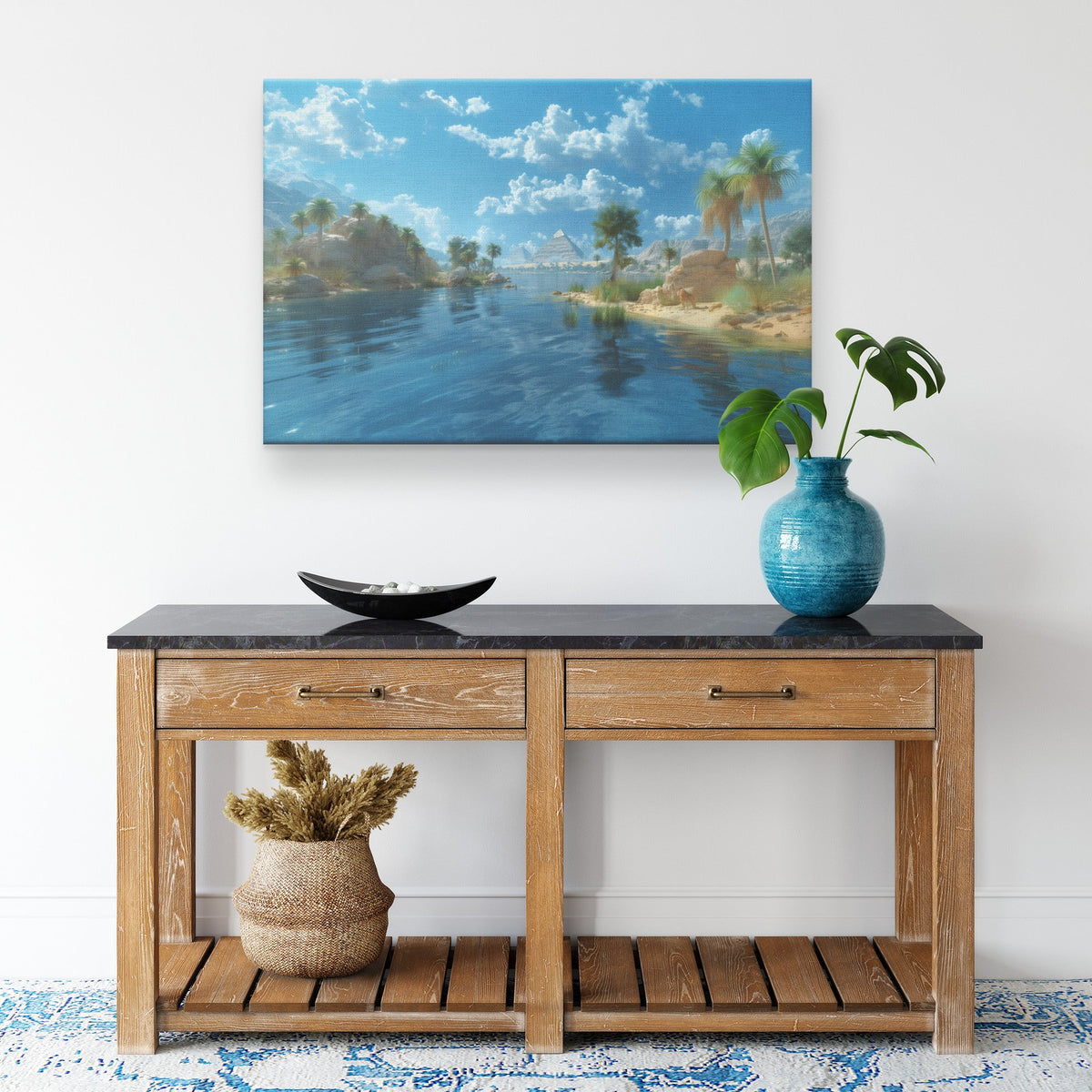 Serene Oasis with Pyramid View and Crystal Blue Water Canvas Wall Art Decor - Awakening Righteousness