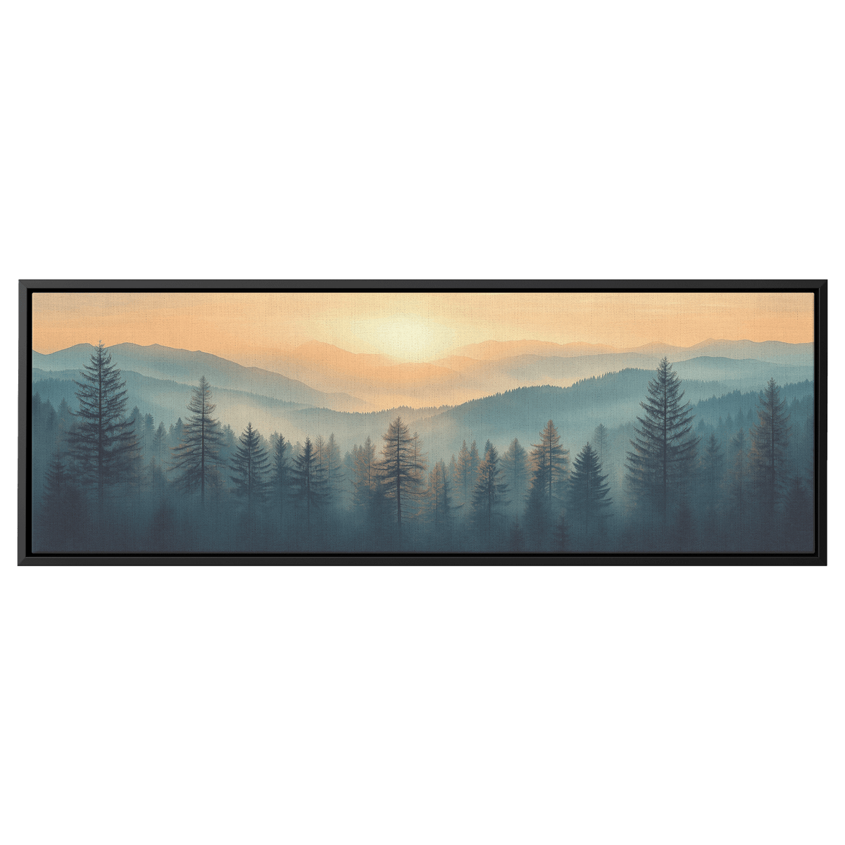 Serene Panoramic View Forests Distant Hills Muted Beige Gray Ultra High Definition Elegant Minimalist Panoramic Framed Canvas Wall Art - Awakening Righteousness