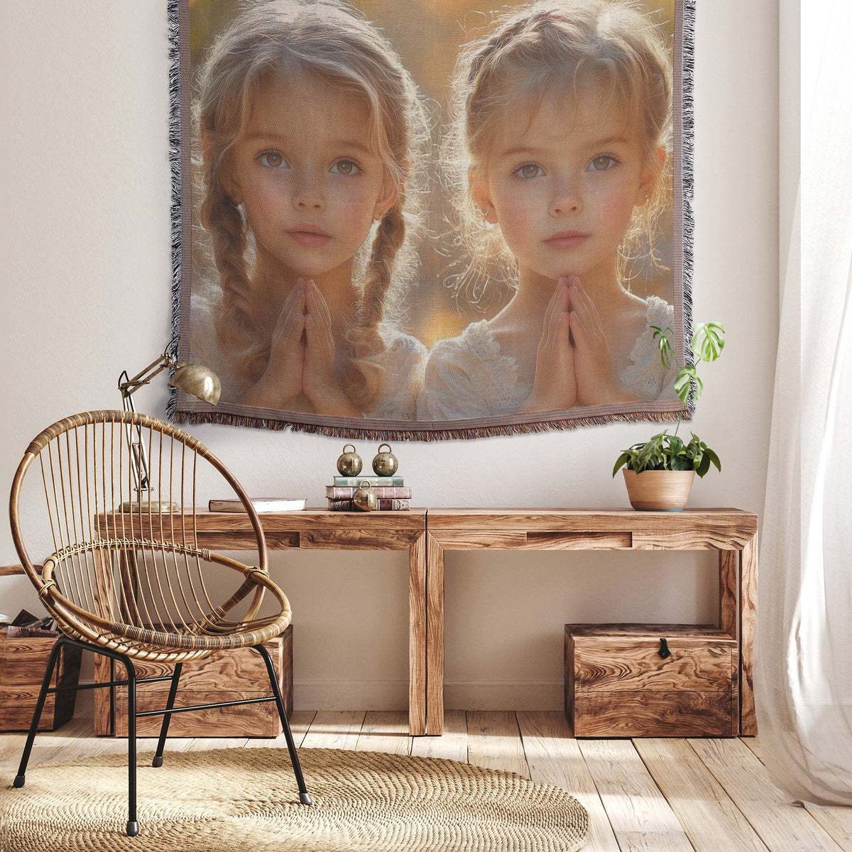 Serene Prayerful Girls Woven Throw Blanket for Peaceful Home Decor and Comfort - Awakening Righteousness
