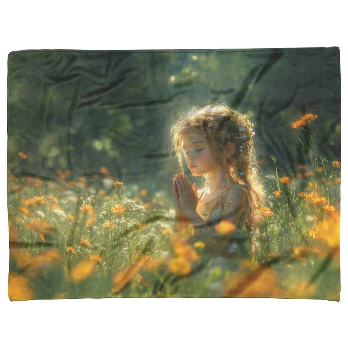 Serenity in Prayer Young Girl in Blooming Garden Cozy Christian Fleece Sherpa Blanket - Awakening Righteousness