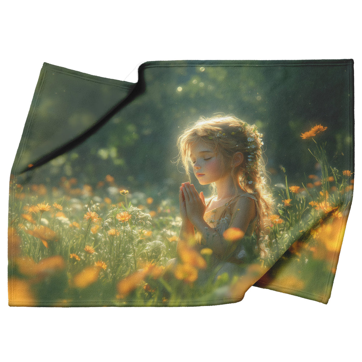 Serenity in Prayer Young Girl in Blooming Garden Cozy Christian Fleece Sherpa Blanket - Awakening Righteousness