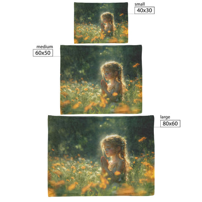 Serenity in Prayer Young Girl in Blooming Garden Cozy Christian Fleece Sherpa Blanket - Awakening Righteousness