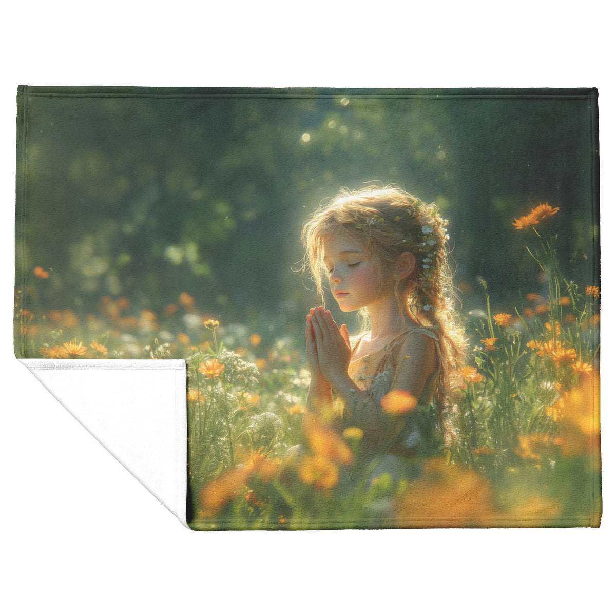 Serenity in Prayer Young Girl in Blooming Garden Cozy Christian Fleece Sherpa Blanket - Awakening Righteousness