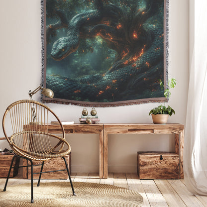Serpent Entwined Around Glowing Tree in Enchanted Forest Woven Throw Blanket for Home Decor - Awakening Righteousness