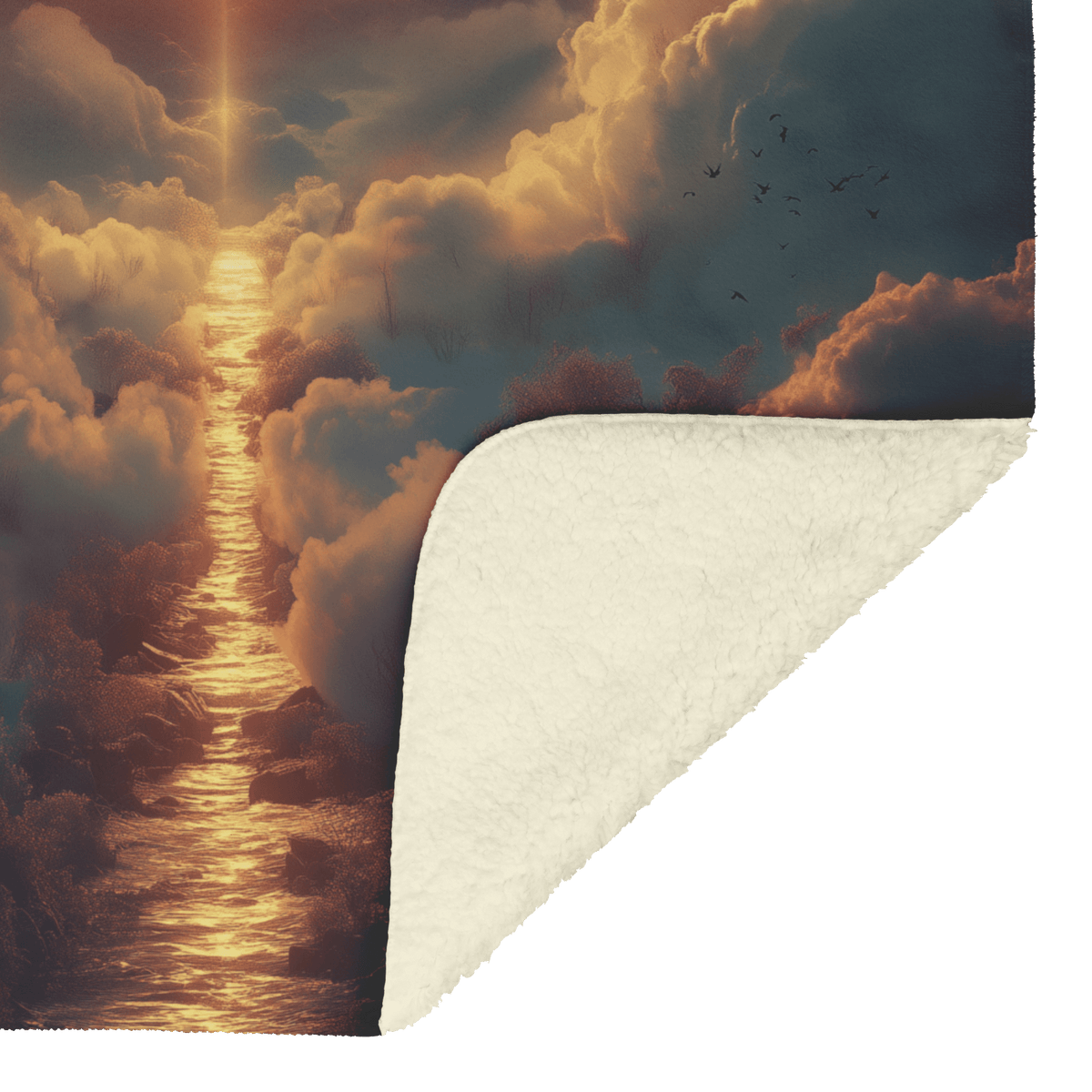 Shining Cross in Celestial Scene With Ethereal Clouds Rays of Divine Light and Illuminated Path Fleece Sherpa Blanket - Awakening Righteousness