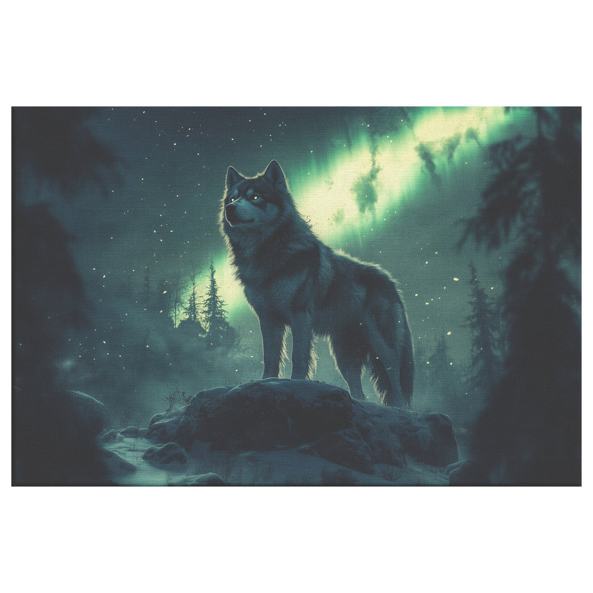 Siberian Husky Canvas Wall Art Decor on Snowy Mountain Peak Under Northern Lights with Intricate Fur and Magical Atmosphere - Awakening Righteousness
