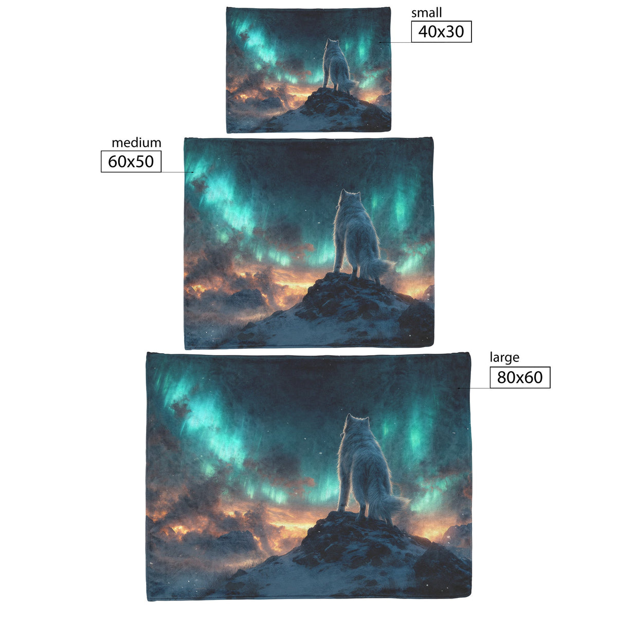 Siberian Husky on Snowy Mountain Peak Under Glowing Northern Lights Fleece Sherpa Blanket - Awakening Righteousness