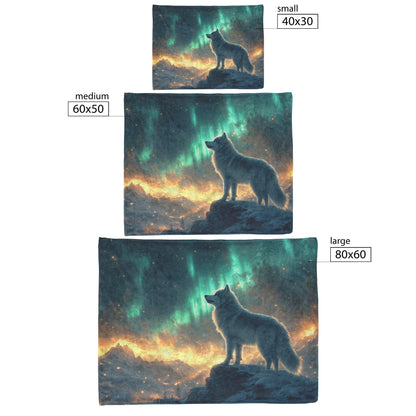 Siberian Husky Standing on Snowy Mountain Peak Under Glowing Northern Lights Fleece Sherpa Blanket - Awakening Righteousness
