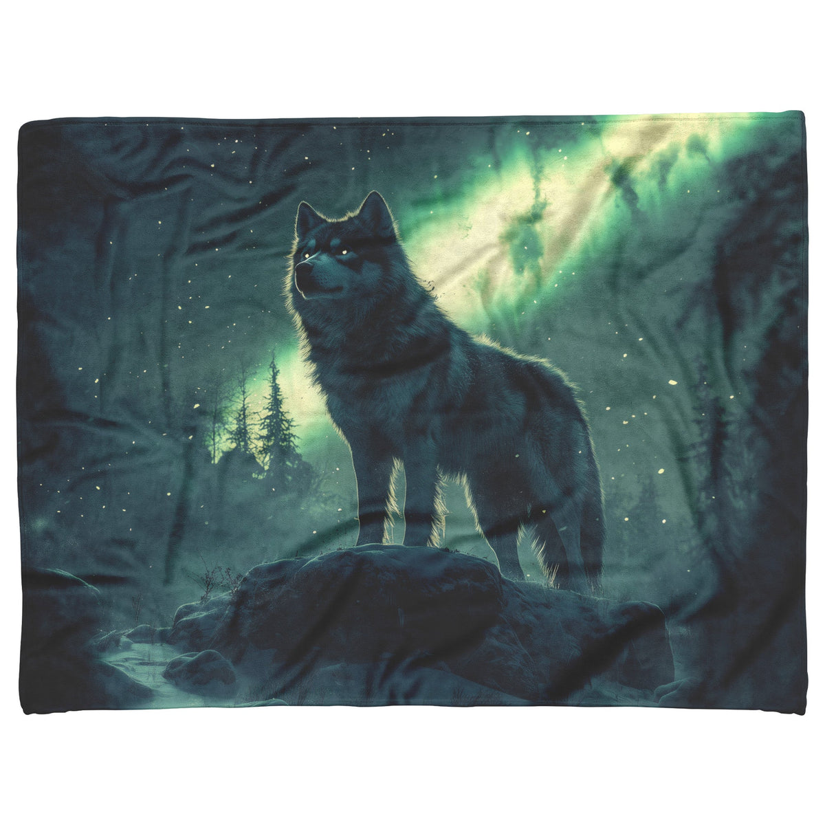 Siberian Husky Standing on Snowy Mountain Peak Under Glowing Northern Lights Fleece Sherpa Blanket - Awakening Righteousness