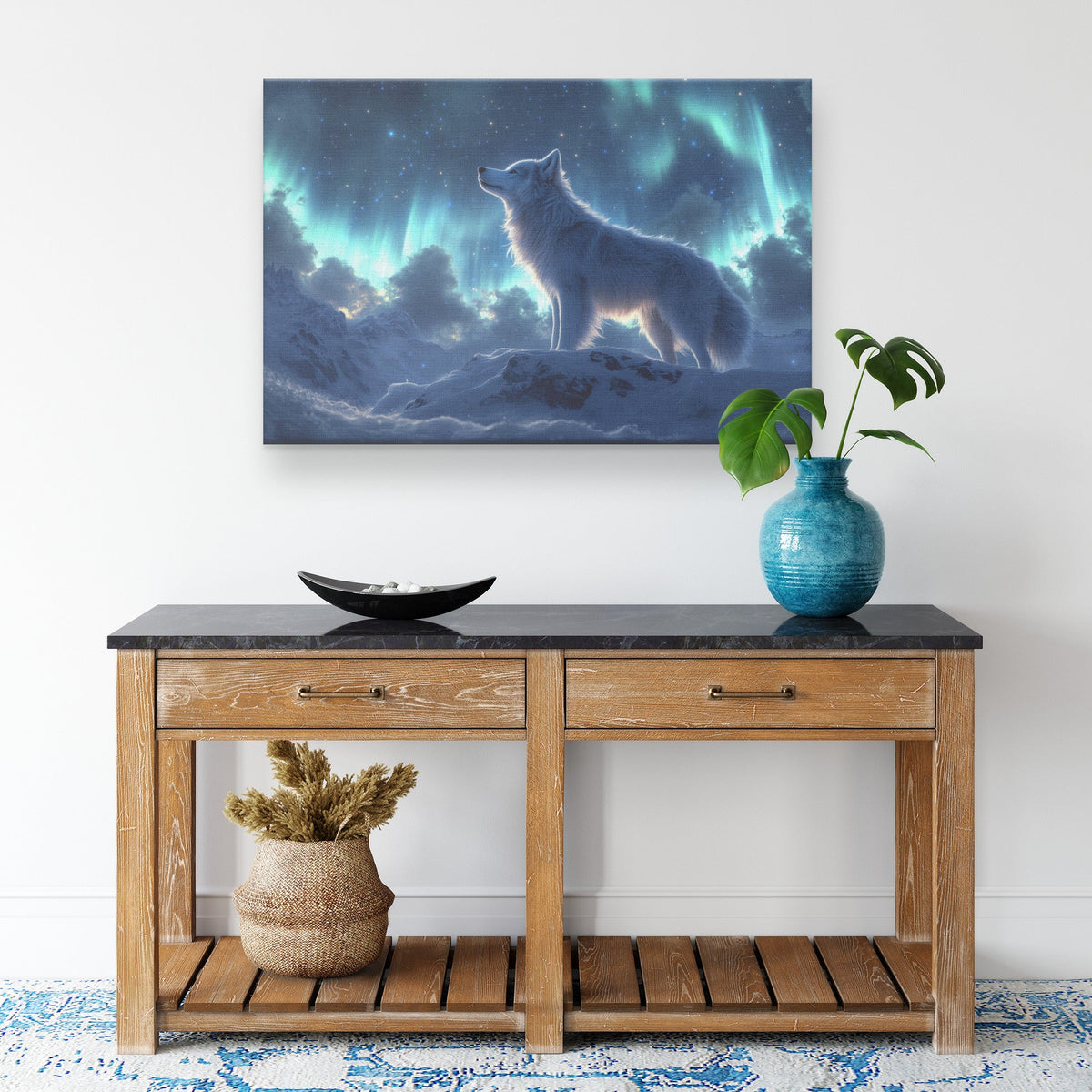 Siberian Husky Standing on Snowy Mountain Peak Under Glowing Northern Lights with Intricate Fur Canvas Wall Art Decor - Awakening Righteousness