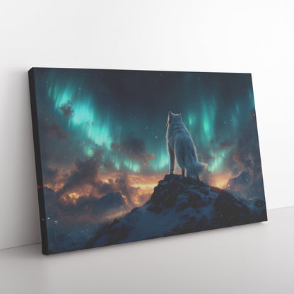 Siberian Husky Standing on Snowy Mountain Peak Under Glowing Northern Lights with Intricate Fur Canvas Wall Art Decor - Awakening Righteousness