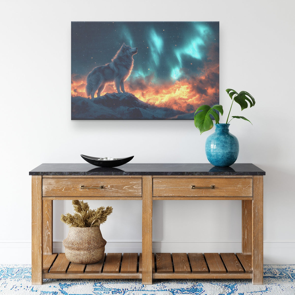 Siberian Husky Standing on Snowy Mountain Peak Under Glowing Northern Lights with Intricate Fur Canvas Wall Art Decor - Awakening Righteousness