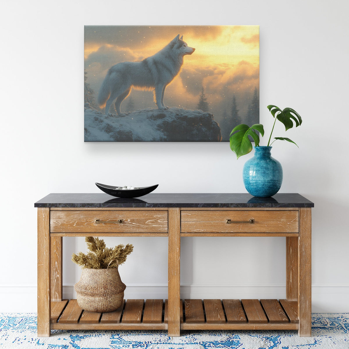 Siberian Husky Standing on Snowy Mountain Peak Under Glowing Northern Lights with Intricate Fur Canvas Wall Art Decor - Awakening Righteousness