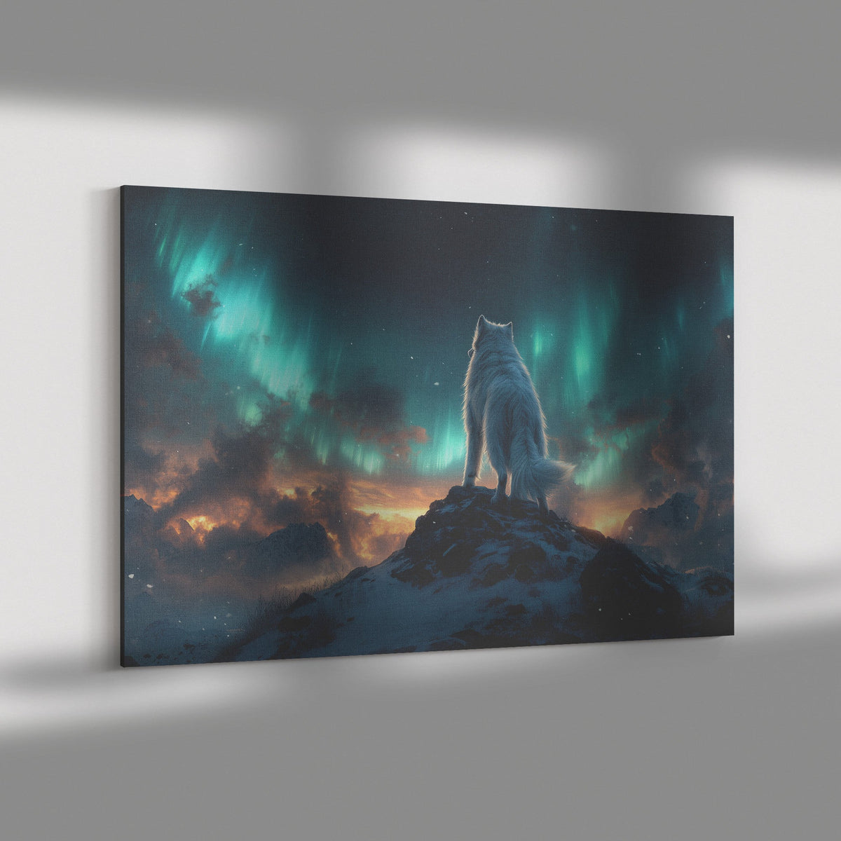 Siberian Husky Standing on Snowy Mountain Peak Under Glowing Northern Lights with Intricate Fur Canvas Wall Art Decor - Awakening Righteousness