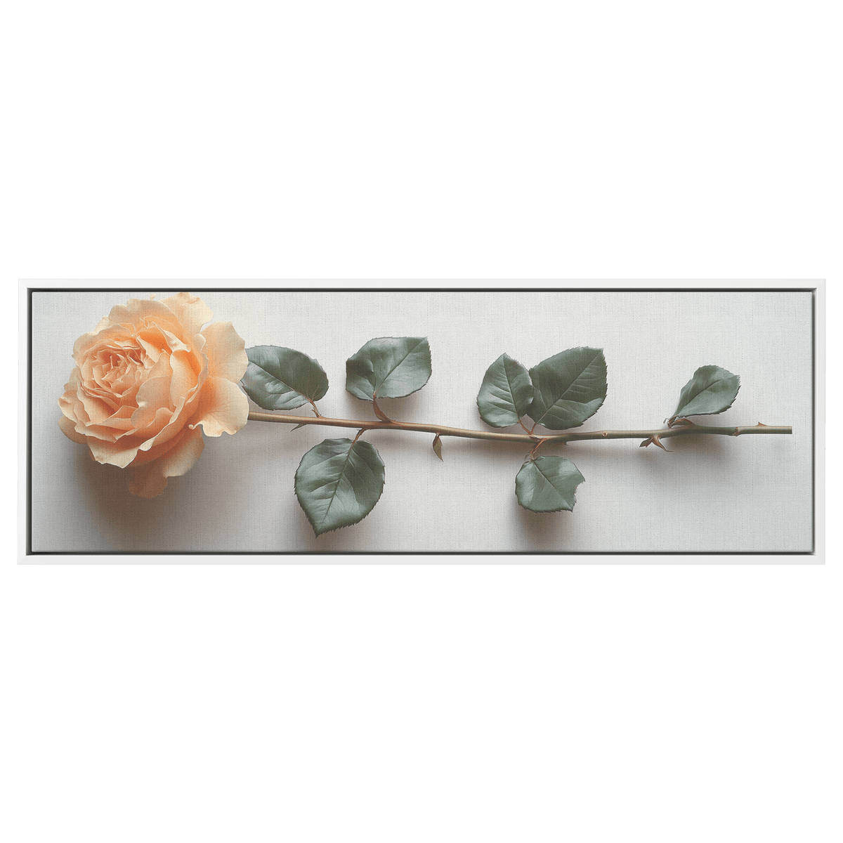 Single Stem Floral Artwork Rose Soft Line Detailing Neutral White Background Ultra High Definition Meticulously Minimal Panoramic Framed Canvas Wall Art - Awakening Righteousness