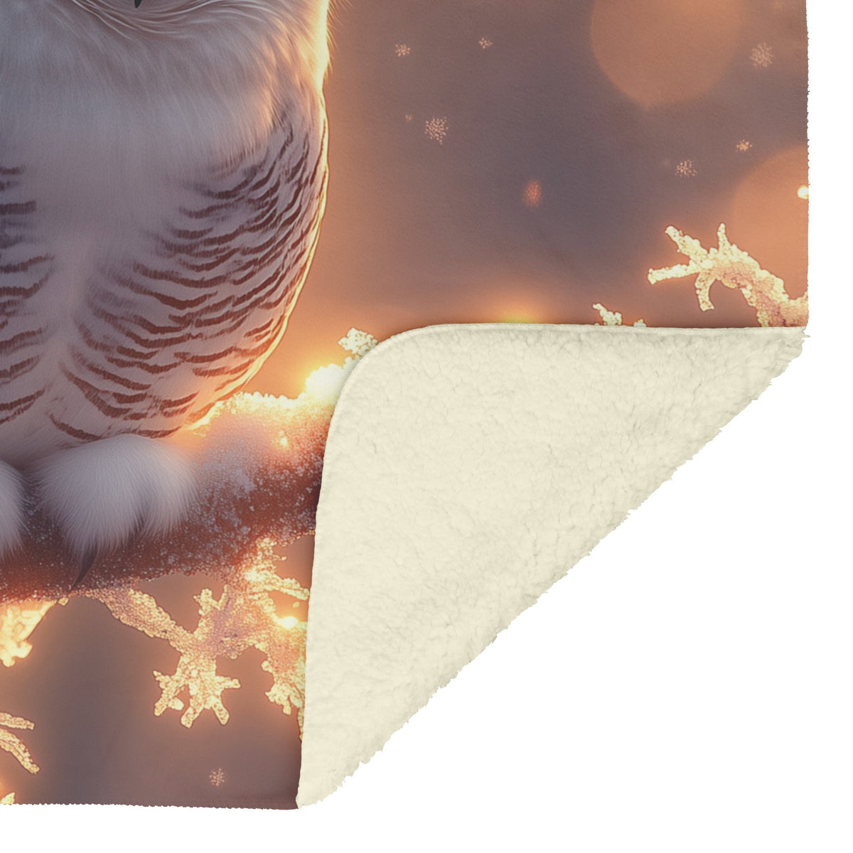 Snowy Owl Resting on Glowing Frosted Tree Branch Shimmering Snowflakes Twilight Light Fleece Sherpa Blanket - Awakening Righteousness