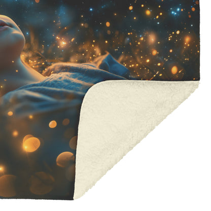 Soft and Cozy Fleece Sherpa Blanket with Child Stargazing in Cosmic Dreamy Universe for Comfort - Awakening Righteousness