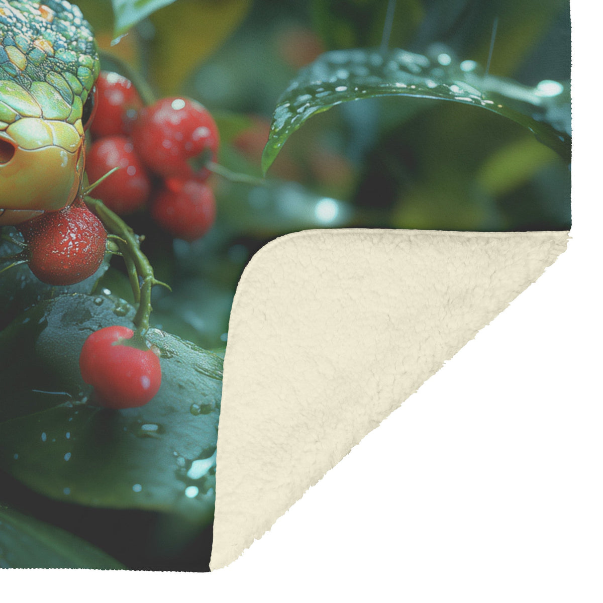 Soft and Cozy Fleece Sherpa Blanket with Colorful Snake Among Dew Kissed Berries and Greenery - Awakening Righteousness
