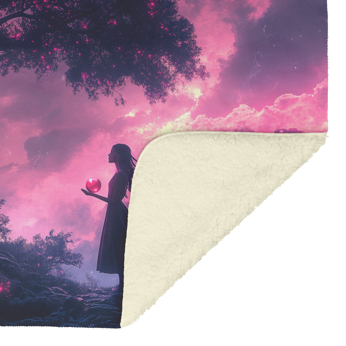 Soft and Cozy Fleece Sherpa Blanket with Eve Holding the Forbidden Fruit Under a Glowing Tree for Comfort - Awakening Righteousness