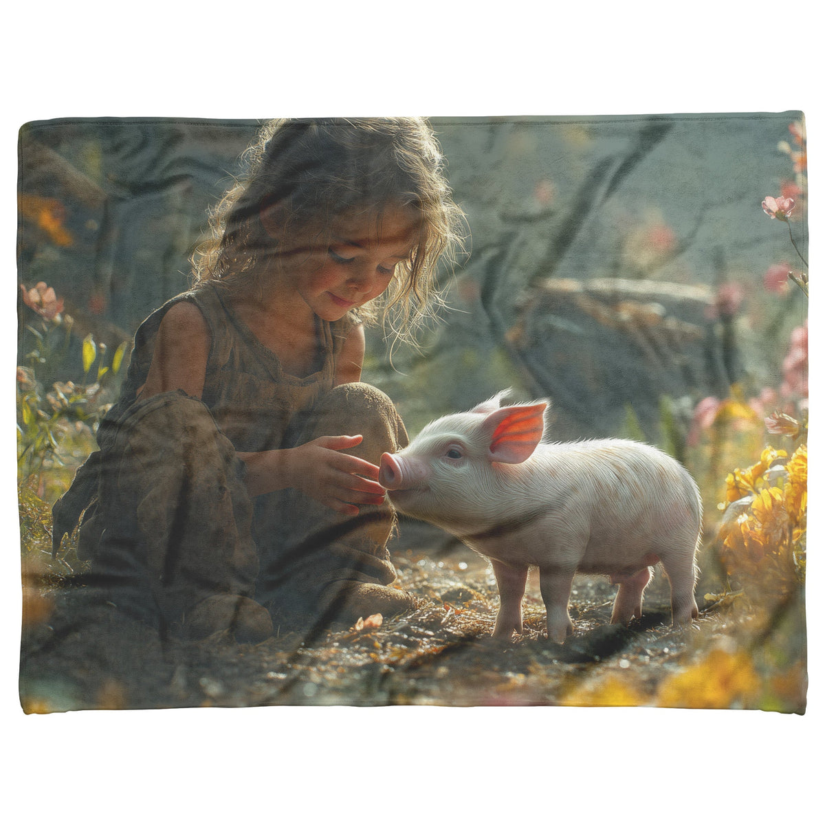 Soft and Cozy Fleece Sherpa Blanket with Girl and Piglet in a Flower Filled Meadow for Comfort - Awakening Righteousness