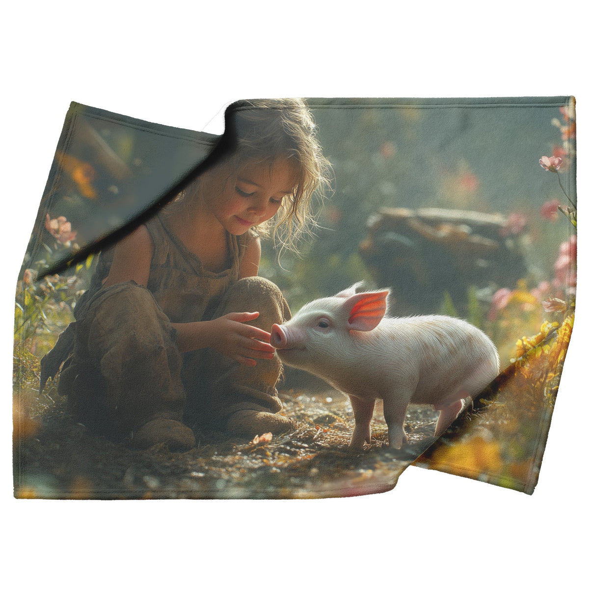 Soft and Cozy Fleece Sherpa Blanket with Girl and Piglet in a Flower Filled Meadow for Comfort - Awakening Righteousness