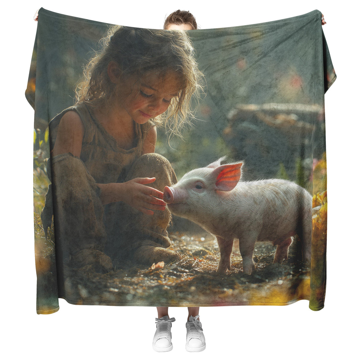 Soft and Cozy Fleece Sherpa Blanket with Girl and Piglet in a Flower Filled Meadow for Comfort - Awakening Righteousness
